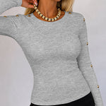 Women's Gold Studded Long Sleeve Rib-Knit T-Shirt Slim Fit Round Neck Top