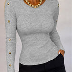 Women's Gold Studded Long Sleeve Rib-Knit T-Shirt Slim Fit Round Neck Top
