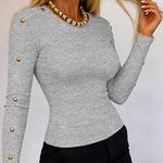 Women's Gold Studded Long Sleeve Rib-Knit T-Shirt Slim Fit Round Neck Top