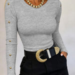 Women's Gold Studded Long Sleeve Rib-Knit T-Shirt Slim Fit Round Neck Top