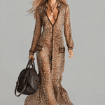 Fashionable And Elegant Brown Chiffon Leopard Print Long Sleeve Maxi Dress