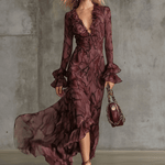 Elegant And Fashionable Burgundy Chiffon Snakeskin Pattern Ruffled Long-Sleeved Maxi Dress