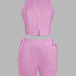 2 Pieces Outfit Button Decor Sleeveless Hollow-out Front Zipper Back Crop Top and Casual Elastic Back Waist Tie Side Shorts Set