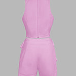 2 Pieces Outfit Button Decor Sleeveless Hollow-out Front Zipper Back Crop Top and Casual Elastic Back Waist Tie Side Shorts Set