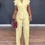 Women's 2 Piece Outfits V Neck Twist Front Slit Top and High Waisted Straight Leg Pants Set Commute Business Casual Suit