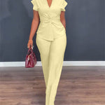 Women's 2 Piece Outfits V Neck Twist Front Slit Top and High Waisted Straight Leg Pants Set Commute Business Casual Suit