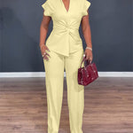 Women's 2 Piece Outfits V Neck Twist Front Slit Top and High Waisted Straight Leg Pants Set Commute Business Casual Suit