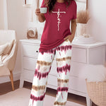 2 Pieces Outfit Letter Print Round Neck Short Sleeve Top And Tie Dye Print Elastic Waist Loose Fit Pants Set Casual Pajamas Set