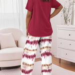 2 Pieces Outfit Letter Print Round Neck Short Sleeve Top And Tie Dye Print Elastic Waist Loose Fit Pants Set Casual Pajamas Set