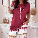 2 Pieces Outfit Letter Print Round Neck Short Sleeve Top And Tie Dye Print Elastic Waist Loose Fit Pants Set Casual Pajamas Set