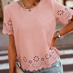 Round Neck Short Sleeve Eyelet Embroidery Tee Casual Scallop Trim Top