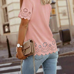 Round Neck Short Sleeve Eyelet Embroidery Tee Casual Scallop Trim Top