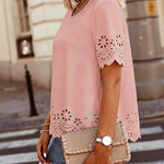 Round Neck Short Sleeve Eyelet Embroidery Tee Casual Scallop Trim Top