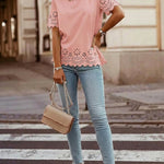 Round Neck Short Sleeve Eyelet Embroidery Tee Casual Scallop Trim Top