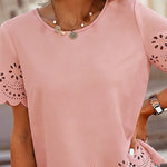 Round Neck Short Sleeve Eyelet Embroidery Tee Casual Scallop Trim Top