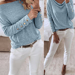 Women's Multi Way Neck Long Sleeve Top Gold Button Detail Casual Knit Tee