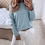 Women's Multi Way Neck Long Sleeve Top Gold Button Detail Casual Knit Tee