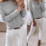 Women's Multi Way Neck Long Sleeve Top Gold Button Detail Casual Knit Tee