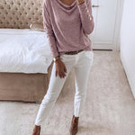 Women's Multi Way Neck Long Sleeve Top Gold Button Detail Casual Knit Tee