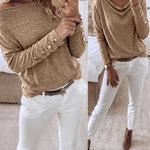 Women's Multi Way Neck Long Sleeve Top Gold Button Detail Casual Knit Tee