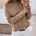 Women's Multi Way Neck Long Sleeve Top Gold Button Detail Casual Knit Tee