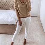 Women's Multi Way Neck Long Sleeve Top Gold Button Detail Casual Knit Tee