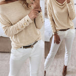 Women's Multi Way Neck Long Sleeve Top Gold Button Detail Casual Knit Tee