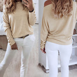 Women's Multi Way Neck Long Sleeve Top Gold Button Detail Casual Knit Tee