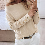 Women's Multi Way Neck Long Sleeve Top Gold Button Detail Casual Knit Tee