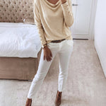 Women's Multi Way Neck Long Sleeve Top Gold Button Detail Casual Knit Tee