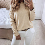 Women's Multi Way Neck Long Sleeve Top Gold Button Detail Casual Knit Tee
