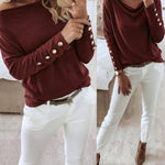 Women's Multi Way Neck Long Sleeve Top Gold Button Detail Casual Knit Tee