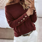 Women's Multi Way Neck Long Sleeve Top Gold Button Detail Casual Knit Tee