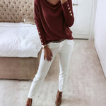 Women's Multi Way Neck Long Sleeve Top Gold Button Detail Casual Knit Tee