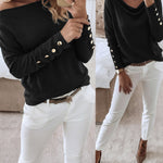 Women's Multi Way Neck Long Sleeve Top Gold Button Detail Casual Knit Tee