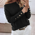 Women's Multi Way Neck Long Sleeve Top Gold Button Detail Casual Knit Tee