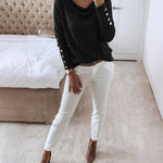Women's Multi Way Neck Long Sleeve Top Gold Button Detail Casual Knit Tee