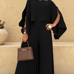 2 Pieces Outfit Irregular Hem Slit Sleeve Top and High Waist Wide Leg Pleated Pants Set