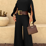2 Pieces Outfit Irregular Hem Slit Sleeve Top and High Waist Wide Leg Pleated Pants Set