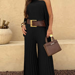 2 Pieces Outfit Irregular Hem Slit Sleeve Top and High Waist Wide Leg Pleated Pants Set