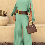 2 Pieces Outfit Irregular Hem Slit Sleeve Top and High Waist Wide Leg Pleated Pants Set