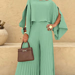 2 Pieces Outfit Irregular Hem Slit Sleeve Top and High Waist Wide Leg Pleated Pants Set