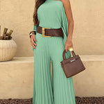 2 Pieces Outfit Irregular Hem Slit Sleeve Top and High Waist Wide Leg Pleated Pants Set
