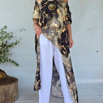 CHICME Women's Marble Print Long Sleeve Blouse Loose Fit High-Low Hem Tunic Top