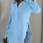 Turn-down Collar Roll Up Sleeve Button Front Shirt Casual Side Slit Curved Hem Top