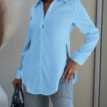 Turn-down Collar Roll Up Sleeve Button Front Shirt Casual Side Slit Curved Hem Top
