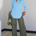 Turn-down Collar Roll Up Sleeve Button Front Shirt Casual Side Slit Curved Hem Top
