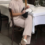 2 Pieces Outfit Elegant Pearl Embellished Split Sleeve Top and Casual Wide Leg Pants Set