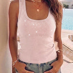Rhinestone Decor U-Neck Sleeveless Slim Fit Ribbed Tank Top