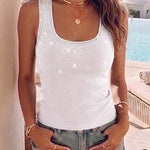 Rhinestone Decor U-Neck Sleeveless Slim Fit Ribbed Tank Top